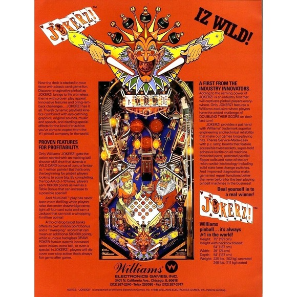 Jokerz Pinball FLYER 1988 Original NOS Art Print Playing Cards Theme - Picture 4 of 4